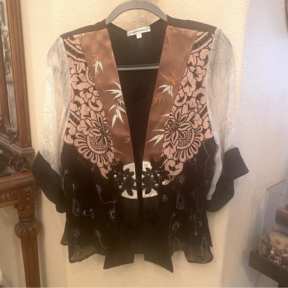 Vintage SPENCER ALEXIS Women Silk Blend Floral Sheer Kimono Top Size Small